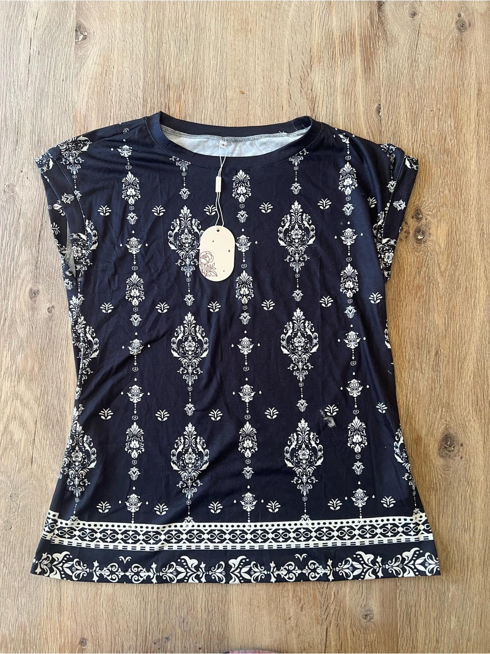 Black & Ivory Ornate Damask Border Print Stretch Top Size S